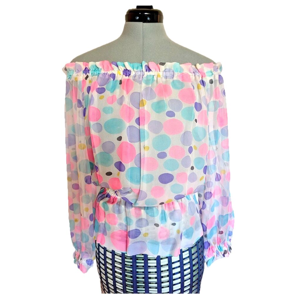 Vintage 70s Silk Chiffon Polka Dot Off the Shoulder Peplum Top, Peasant Blouse/M